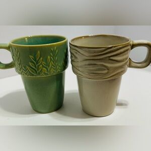 2 Merc Asia Mugs Nesting Coffee GreenishTwig Branch & BeigeTan Embossed Ceramic